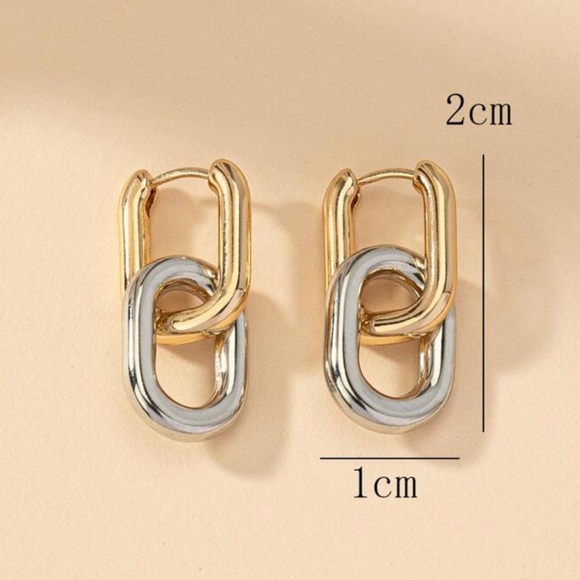 Anthropologie Gold Silver Double Link Hoop Earrings | Modern Minimal Statement - Picture 3 of 5